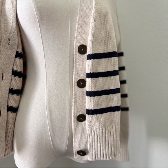 Nautica Beige and Navy Striped Button Up Fall Cardigan Sweater Women’s Size S - Picture 2 of 9